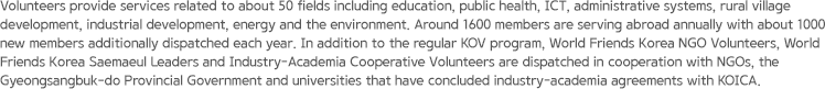 Volunteers provide services related to about 50 fields including education, public health, ICT, administrative systems, rural village development, industrial development, energy and the environment. Around 1600 members are serving abroad annually with about 1000 new members additionally dispatched each year. In addition to the regular KOV program, World Friends Korea NGO Volunteers, World Friends Korea Saemaeul Leaders and Industry–Academia Cooperative Volunteers are dispatched in cooperation with NGOs, the Gyeongsangbuk-do Provincial Government and universities that have concluded industry–academia agreements with KOICA.
