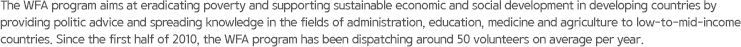 The WFA program aims at eradicating poverty and supporting sustainable economic and social development in developing countries by providing politic advice and spreading knowledge in the fields of administration, education, medicine and agriculture to low-to-mid-income countries. Since the first half of 2010, the WFA program has been dispatching around 50 volunteers on average per year.