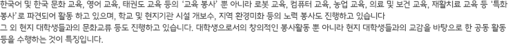 한국어 및 한국 문화 교육, 영어 교육, 태권도 교육 등의 ‘교육 봉사’ 뿐 아니라 로봇 교육, 컴퓨터 교육, 농업 교육, 의료 및 보건 교육, 재활치료 교육 등 ‘특화 봉사’로 파견되어 활동 하고 있으며, 학교 및 현지기관 시설 개보수, 지역 환경미화 등의 노력 봉사도 진행하고 있습니다. 그 외 현지 대학생들과의 문화교류 등도 진행하고 있습니다. 대학생으로서의 창의적인 봉사활동 뿐 아니라 현지 대학생들과의 교감을 바탕으로 한 공동 활동 등을 수행하는 것이 특징입니다.